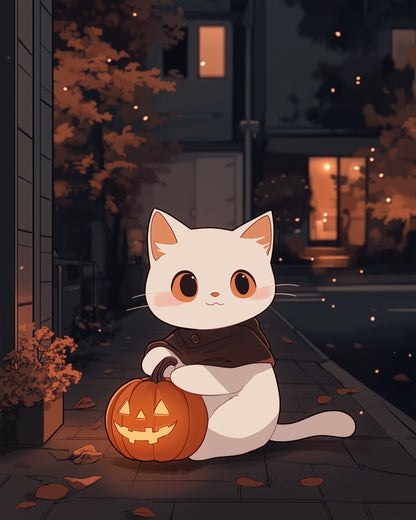miicreative's Cozy Cat with Jack-O'-Lantern kit features a white cat with a pumpkin on an autumn night porch. Ideal for stress relief and artistic expression.