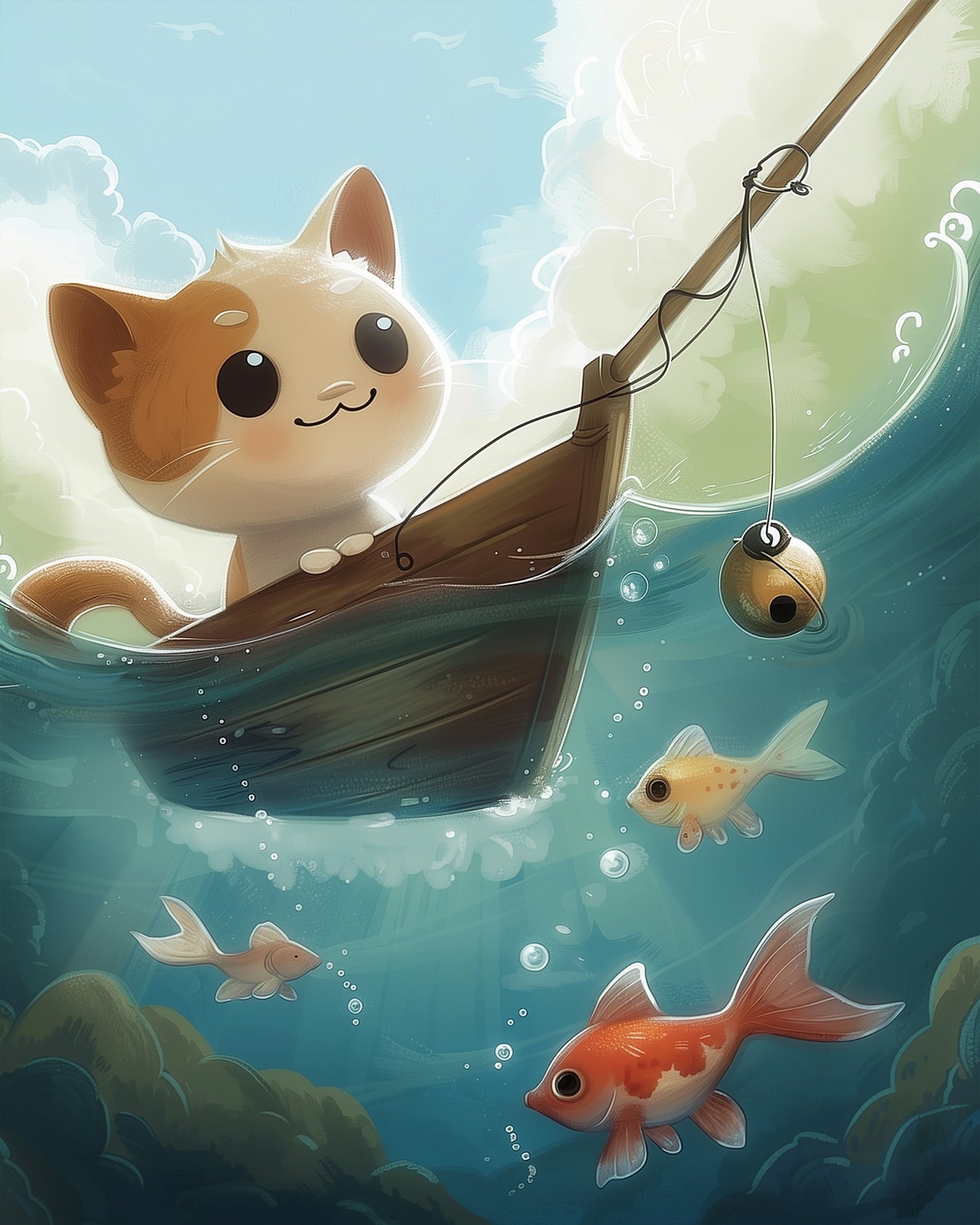 miicreative's paint by numbers fixed kit of a cat fishing. A whimsical scene with a serene ocean setting, ideal for stress relief and creative fun.