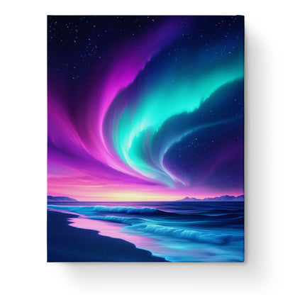 Aurora Borealis Beach - miicreative kit capturing vibrant northern lights over a tranquil ocean shore for a mindful painting experience.