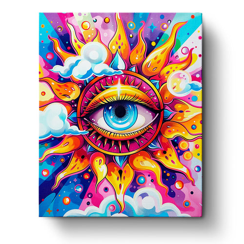 A vibrant paint-by-numbers kit depicting a surreal eye surrounded by colorful sun rays and clouds, hinting at mindfulness and creativity. Eternal Eye of Mindfulness - Meditation by miicreative.