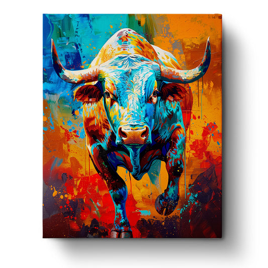 A vibrant bull depicted in bold blues and fiery oranges, part of the 'Vibrant Bull - Abstract Animals' kit by miicreative. This paint by numbers image highlights creativity and mindfulness through abstract patterns.
