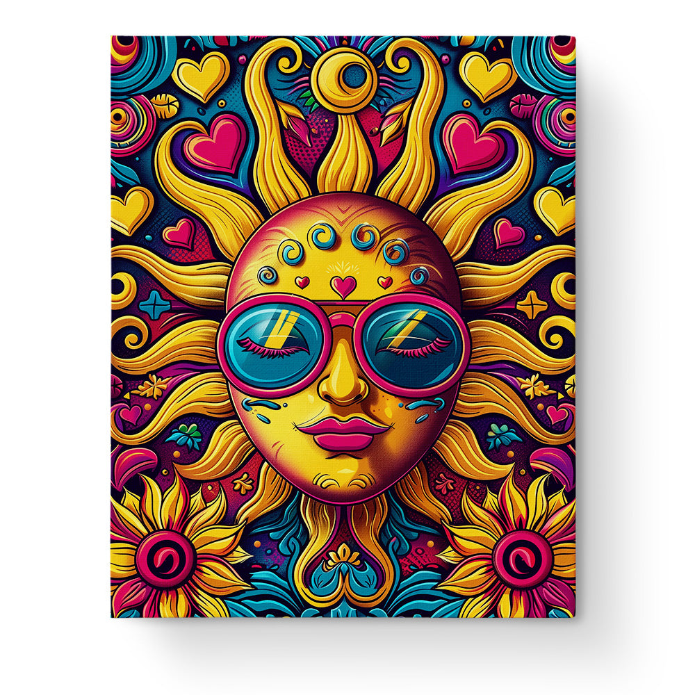 Vibrant Sunshine Dreamscape Mandalas by miicreative features a radiant sun with sunglasses surrounded by colorful hearts and sunflowers. A perfect depiction of creativity and mindfulness through vivid colors and intricate details.