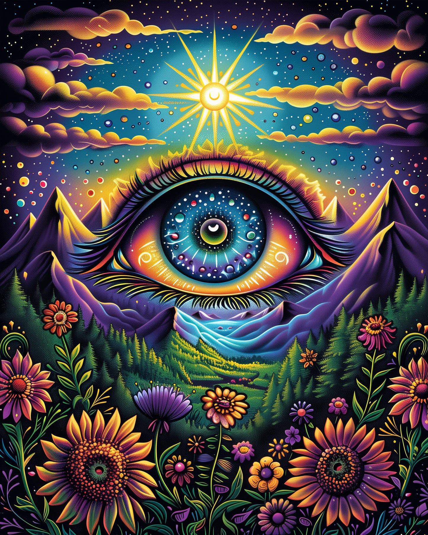 A vibrant paint by numbers kit titled Cosmic Eye Blossom - Meditation by miicreative. Features a central cosmic eye surrounded by radiant flowers, mystical mountains, and a starry sky, highlighting creativity and mindfulness.