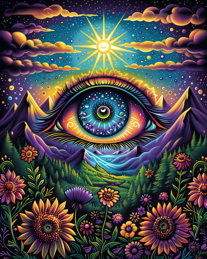 A vibrant paint by numbers kit titled Cosmic Eye Blossom - Meditation by miicreative. Features a central cosmic eye surrounded by radiant flowers, mystical mountains, and a starry sky, highlighting creativity and mindfulness.