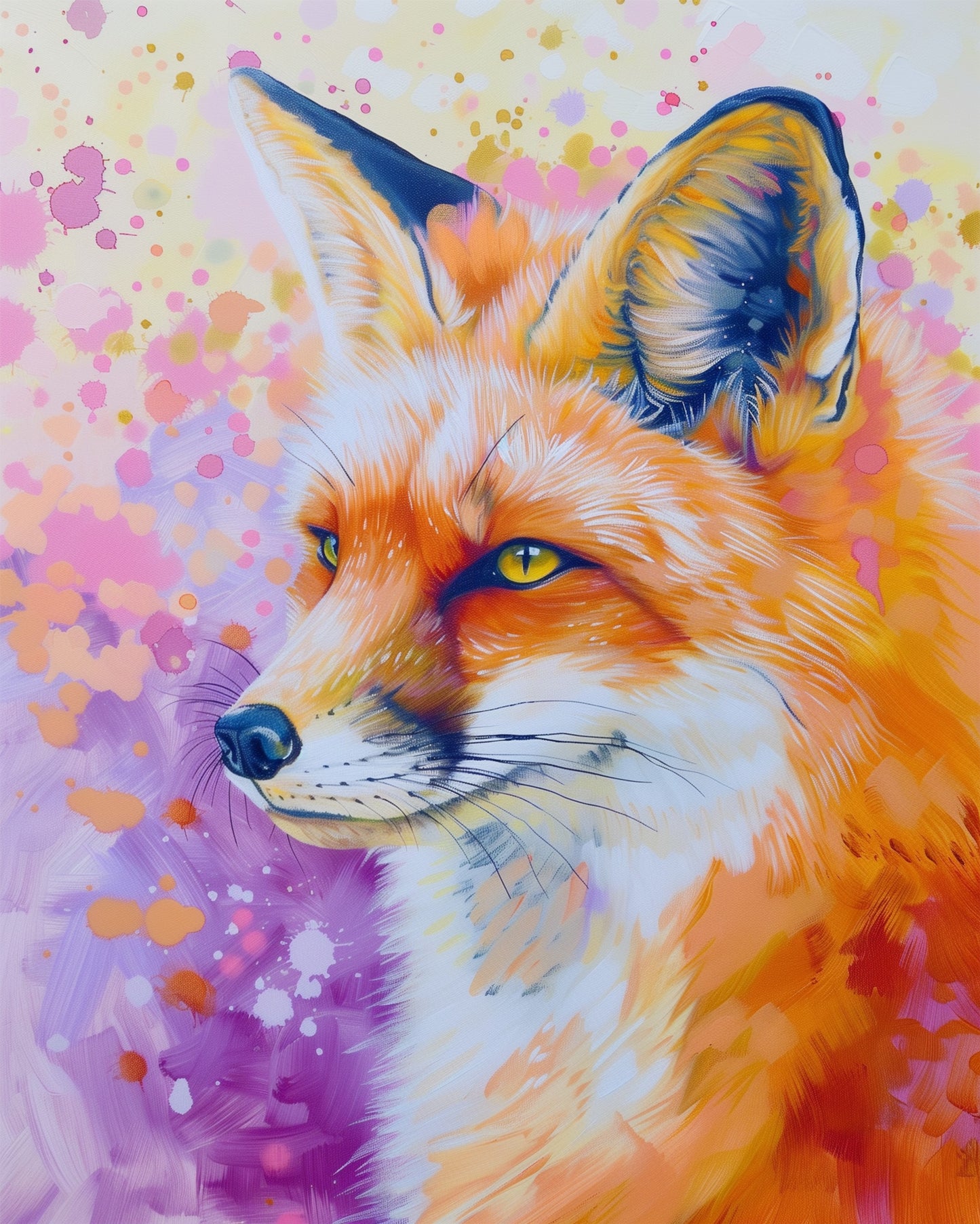 A vibrant abstract fox painting featuring bold oranges and purples, part of the miicreative collection. The artwork emphasizes mindfulness and creativity, capturing the fox's attention to detail and colors.