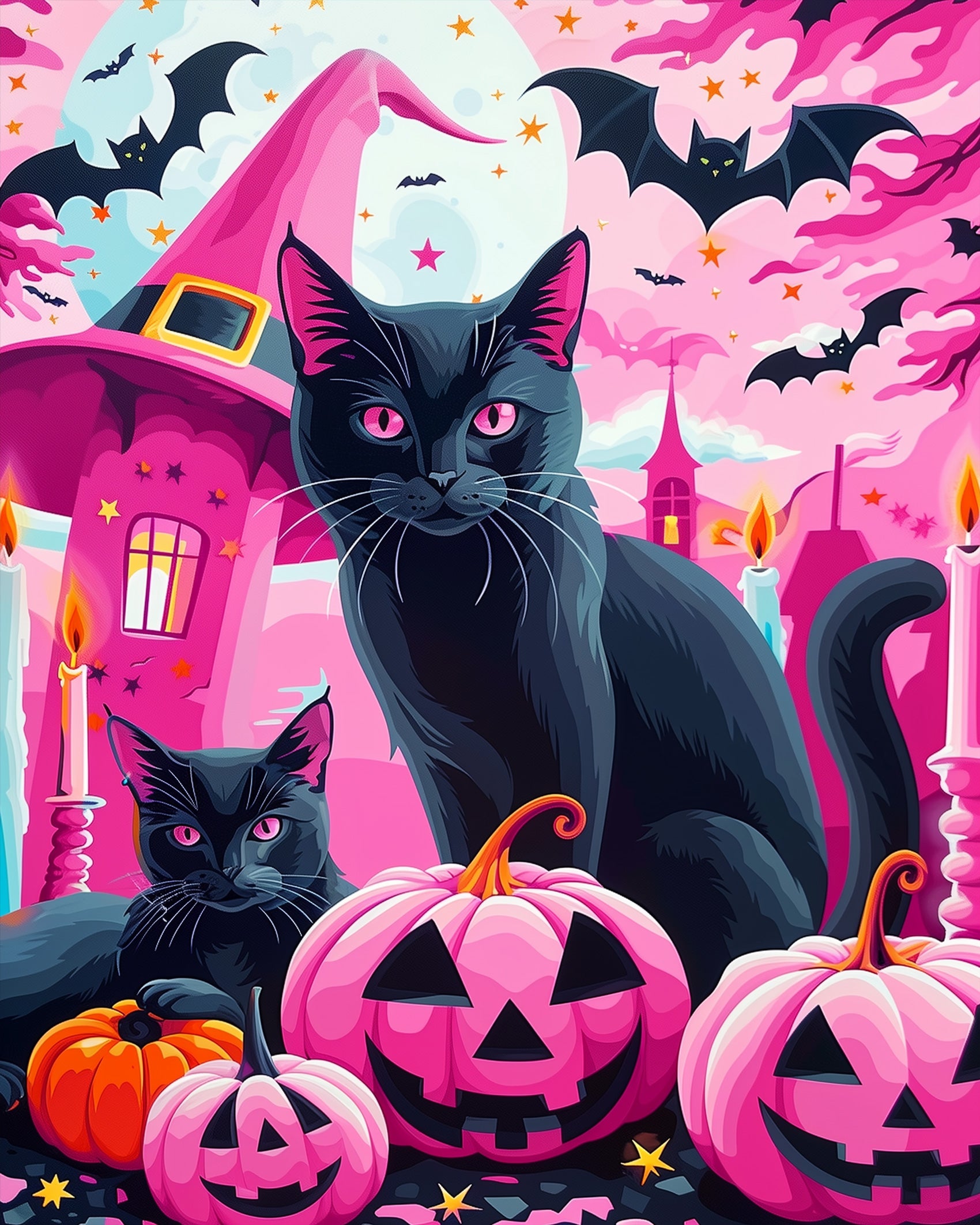 A vibrant Halloween scene featuring black cats and pink pumpkins titled 'Witch's Cats and Pumpkins - Halloween' by miicreative. The whimsical ambiance with pink and orange tones enhances creativity and mindfulness.