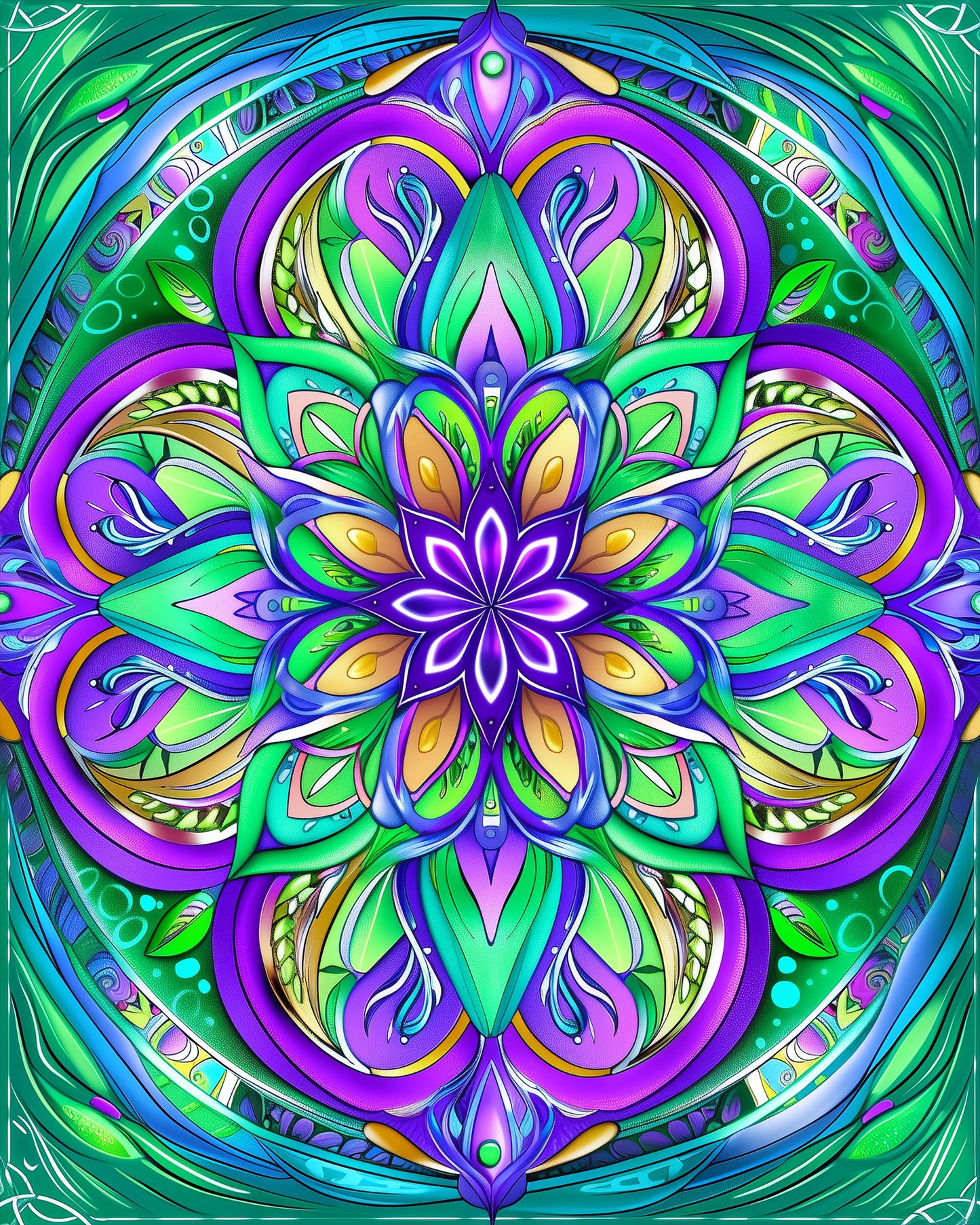 Vibrant Harmony Mandalas by miicreative. A colorful, intricate design featuring shades of purple, green, and blue, perfect for mindfulness and creativity. The dynamic patterns and vibrant hues promote relaxation and artistic expression.