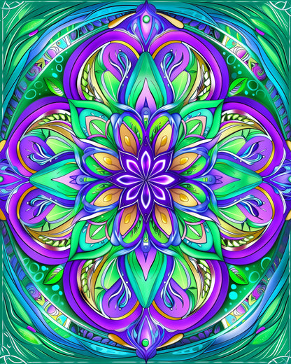 Vibrant Harmony Mandalas by miicreative. A colorful, intricate design featuring shades of purple, green, and blue, perfect for mindfulness and creativity. The dynamic patterns and vibrant hues promote relaxation and artistic expression.