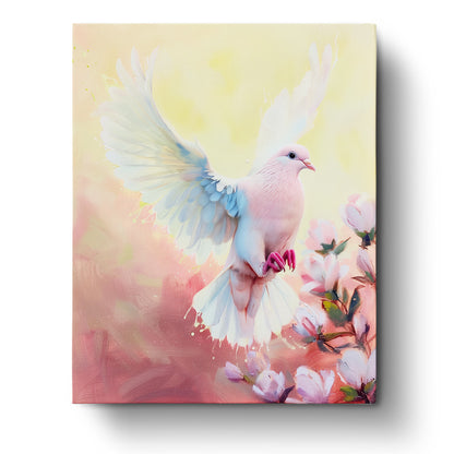 A beautiful serene dove with outstretched wings amidst delicate pink blossoms, emphasizing the calming and creative spirit of the Serene Dove in Blossom - Abstract Animals paint-by-numbers kit by miicreative.