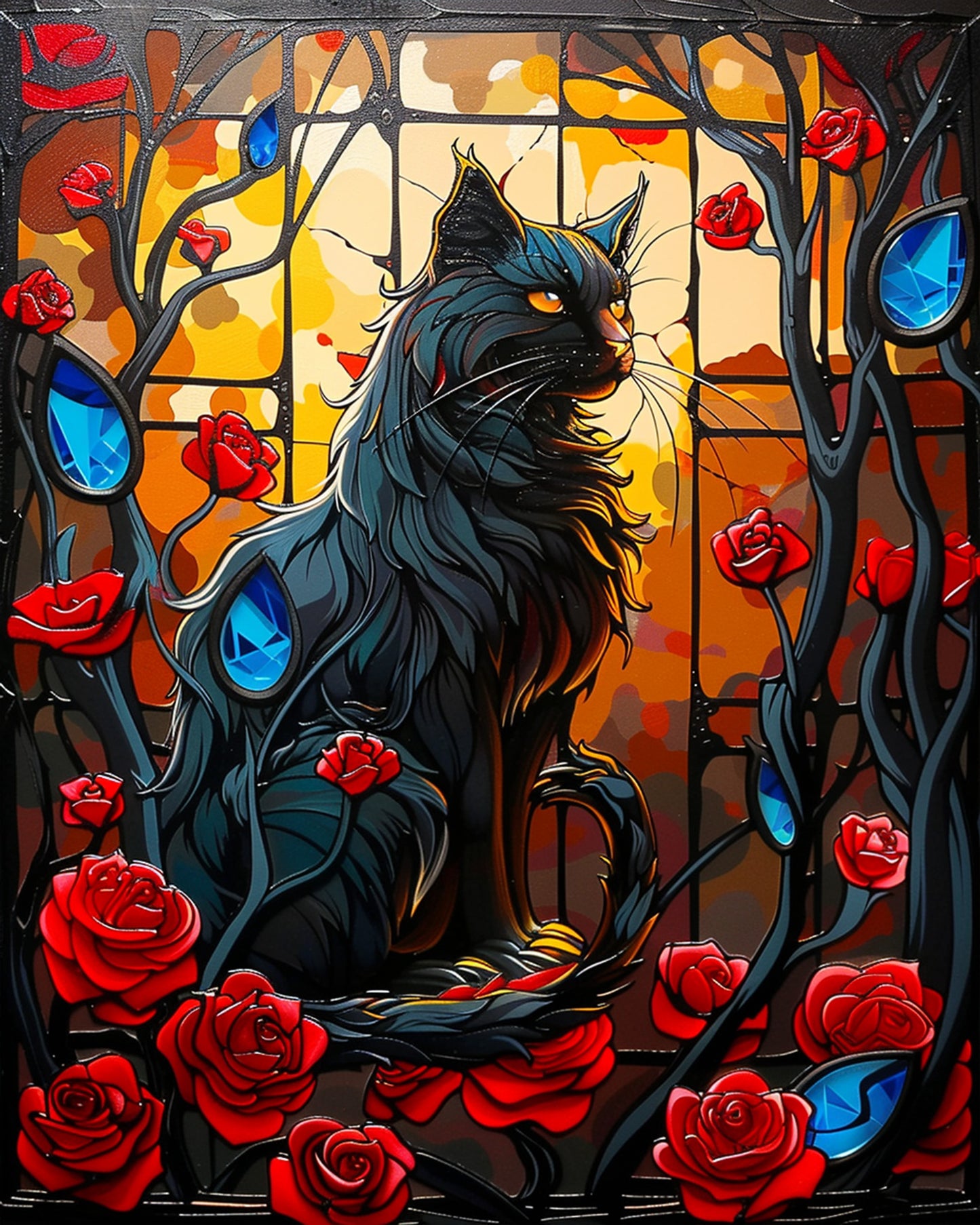 Mystical Black Cat and Roses - Halloween kit by miicreative. This image features a majestic black cat surrounded by vivid red roses and striking blue gemstones, set against a warm autumn backdrop. Perfect for enhancing mindfulness and creativity.