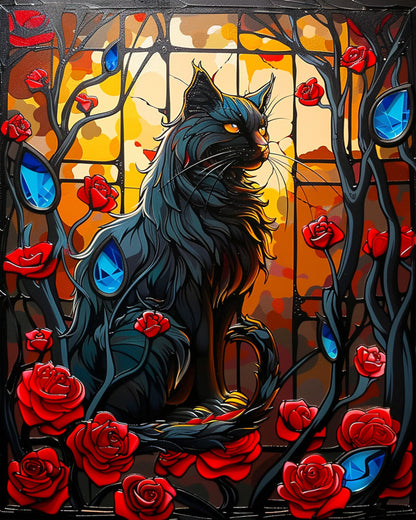Mystical Black Cat and Roses - Halloween kit by miicreative. This image features a majestic black cat surrounded by vivid red roses and striking blue gemstones, set against a warm autumn backdrop. Perfect for enhancing mindfulness and creativity.