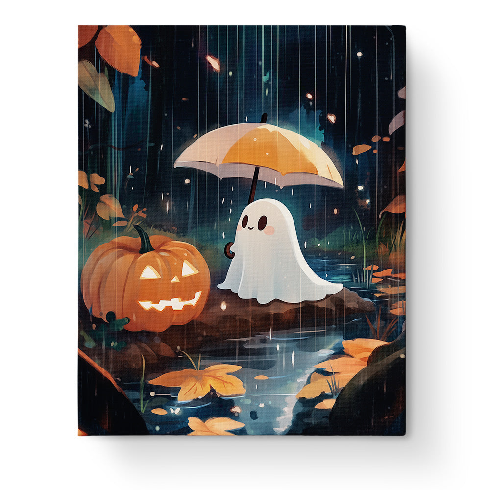 A whimsical scene featuring a ghost holding an umbrella next to a glowing pumpkin in the rain, painted in rich autumn colors. miicreative's ghost and pumpkin kit enhances mindfulness through its calming imagery.