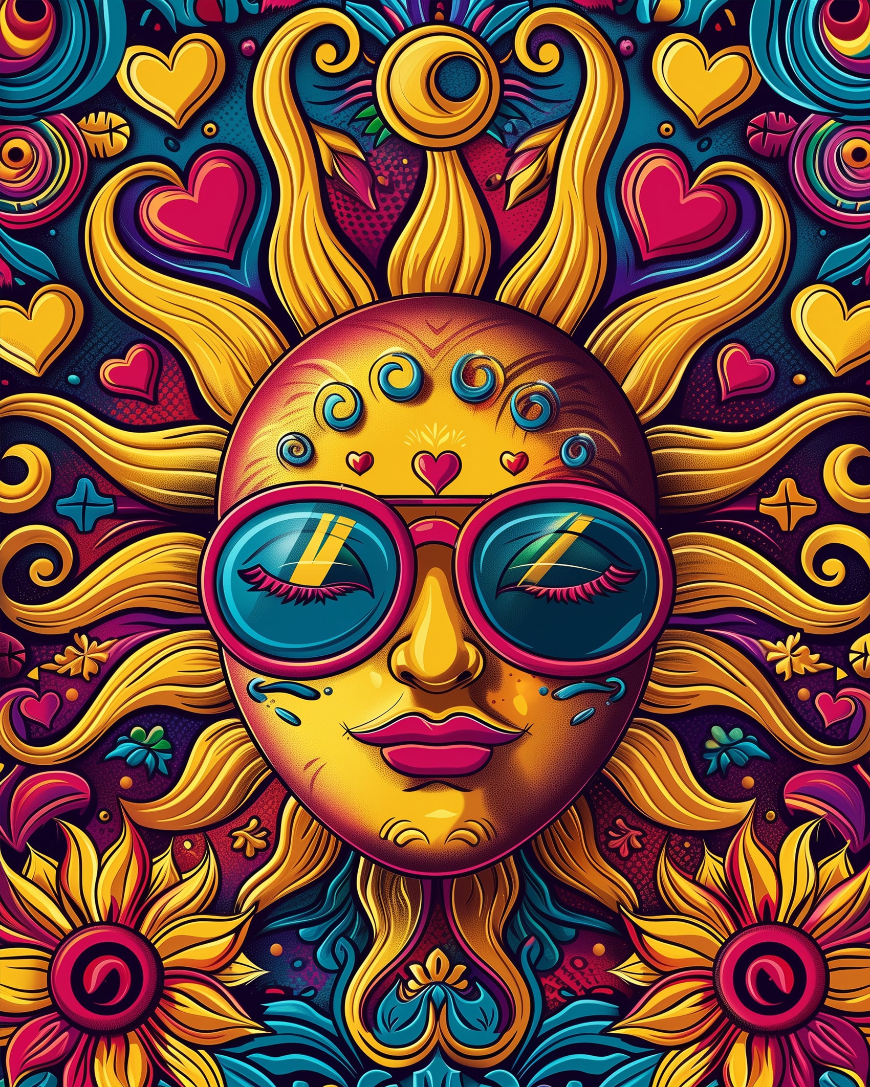 Vibrant Sunshine Dreamscape Mandalas by miicreative features a radiant sun with sunglasses surrounded by colorful hearts and sunflowers. A perfect depiction of creativity and mindfulness through vivid colors and intricate details.