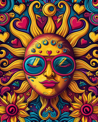 Vibrant Sunshine Dreamscape Mandalas by miicreative features a radiant sun with sunglasses surrounded by colorful hearts and sunflowers. A perfect depiction of creativity and mindfulness through vivid colors and intricate details.