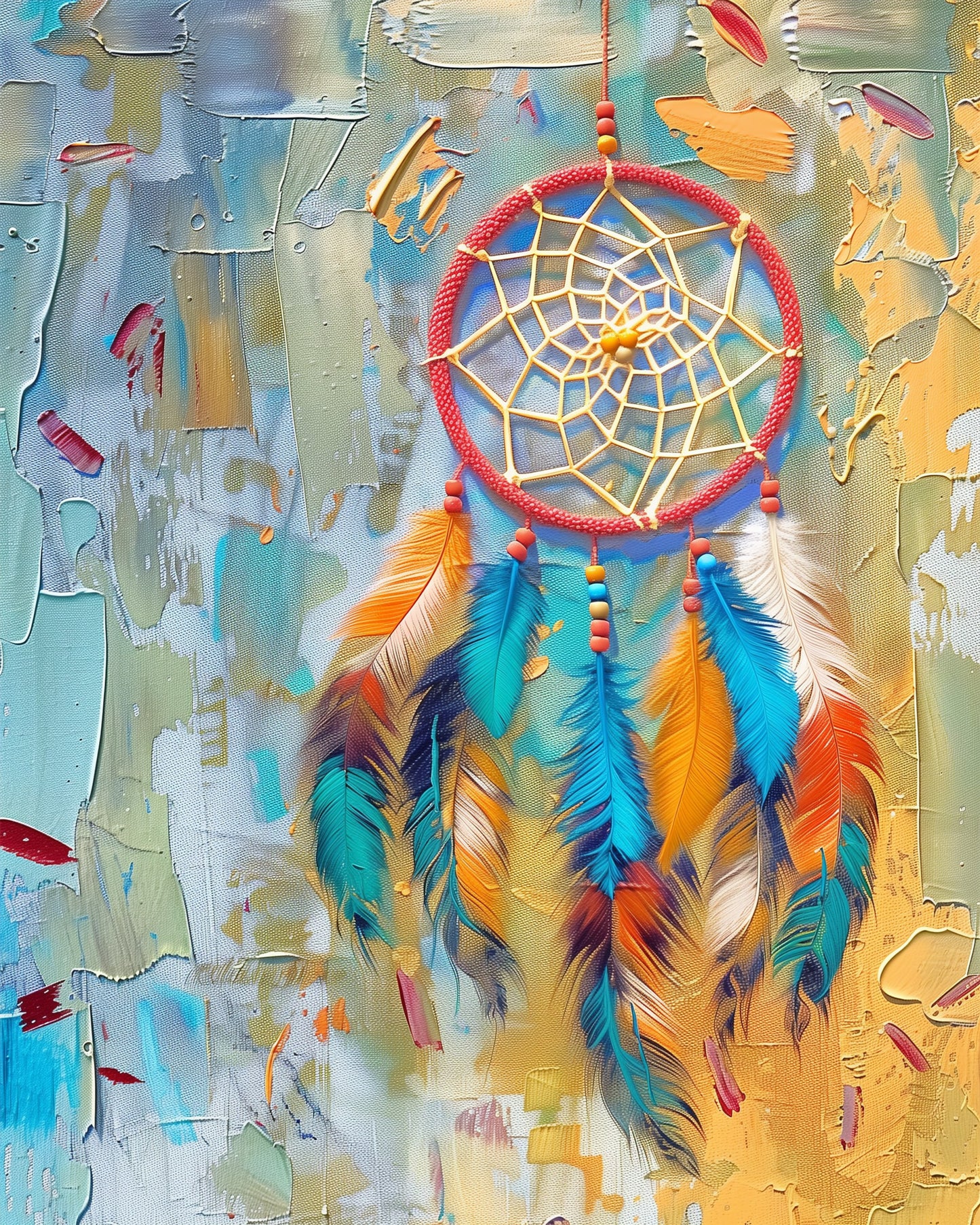 Dreamcatcher Serenity paint by numbers kit by miicreative, featuring vibrant blue and orange feathers on a textured multicolored background. Emphasizes creativity and mindfulness.