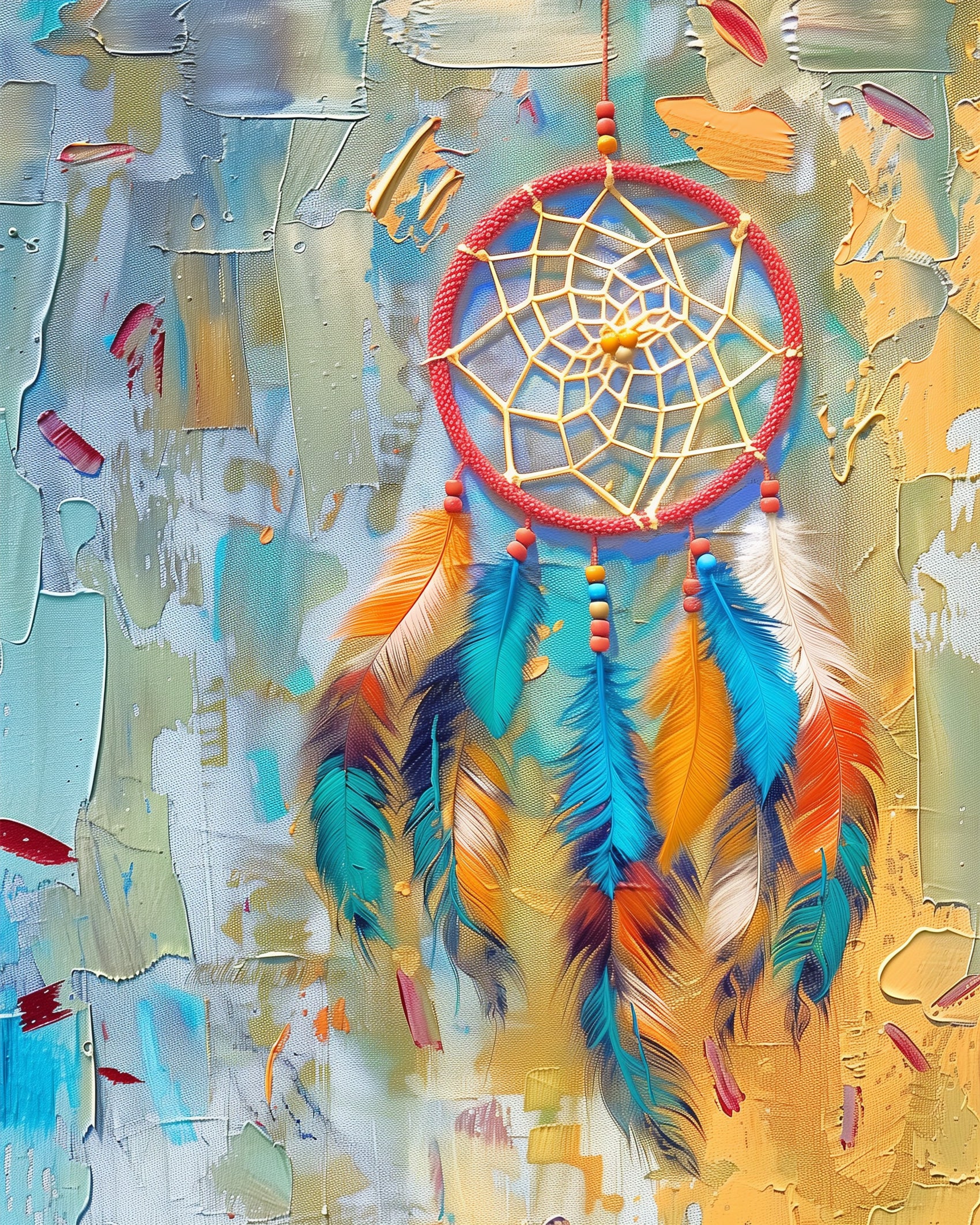 Dreamcatcher Serenity paint by numbers kit by miicreative, featuring vibrant blue and orange feathers on a textured multicolored background. Emphasizes creativity and mindfulness.