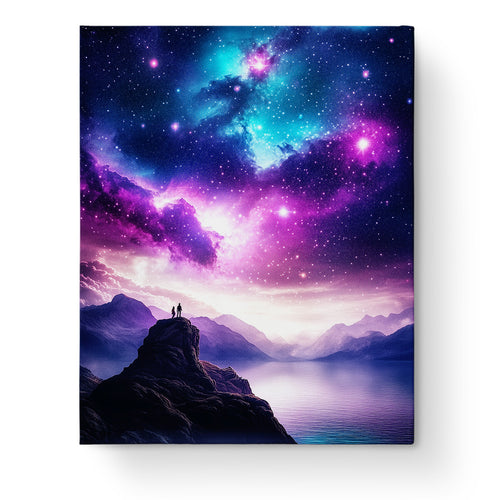 Galactic Serenity paint by numbers kit by miicreative. Two figures overlook a majestic galaxy, enhancing mindfulness through a calming painting experience.