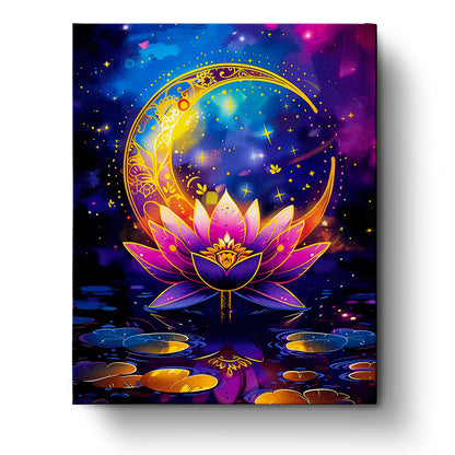 Lotus Moon Serenity - Meditation by miicreative. A vibrant depiction of a lotus flower beneath a decorative crescent moon with purple, gold, and blue hues enhancing the meditative and creative aspect of this paint by numbers kit.