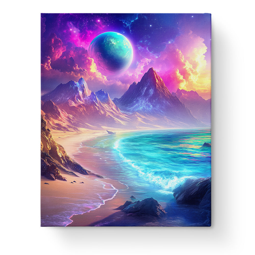 Celestial Shores Bliss by miicreative showing a celestial beach with vibrant colors, capturing the essence of tranquility and focus. Experience a mindful painting journey.