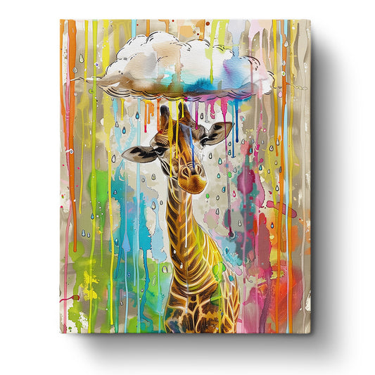 A colorful giraffe under a vibrant, drippy cloud in the 'Giraffe in Dazzling Rain - Abstract Animals' paint-by-numbers kit by miicreative. The painting captures a burst of colors and engages creativity and mindfulness through its artistic depiction.