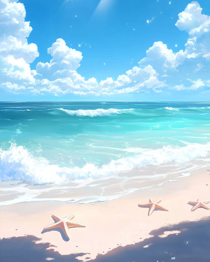 Calm sea with starfish on the shore by miicreative. This paint by numbers kit promotes focus and tranquility through art.