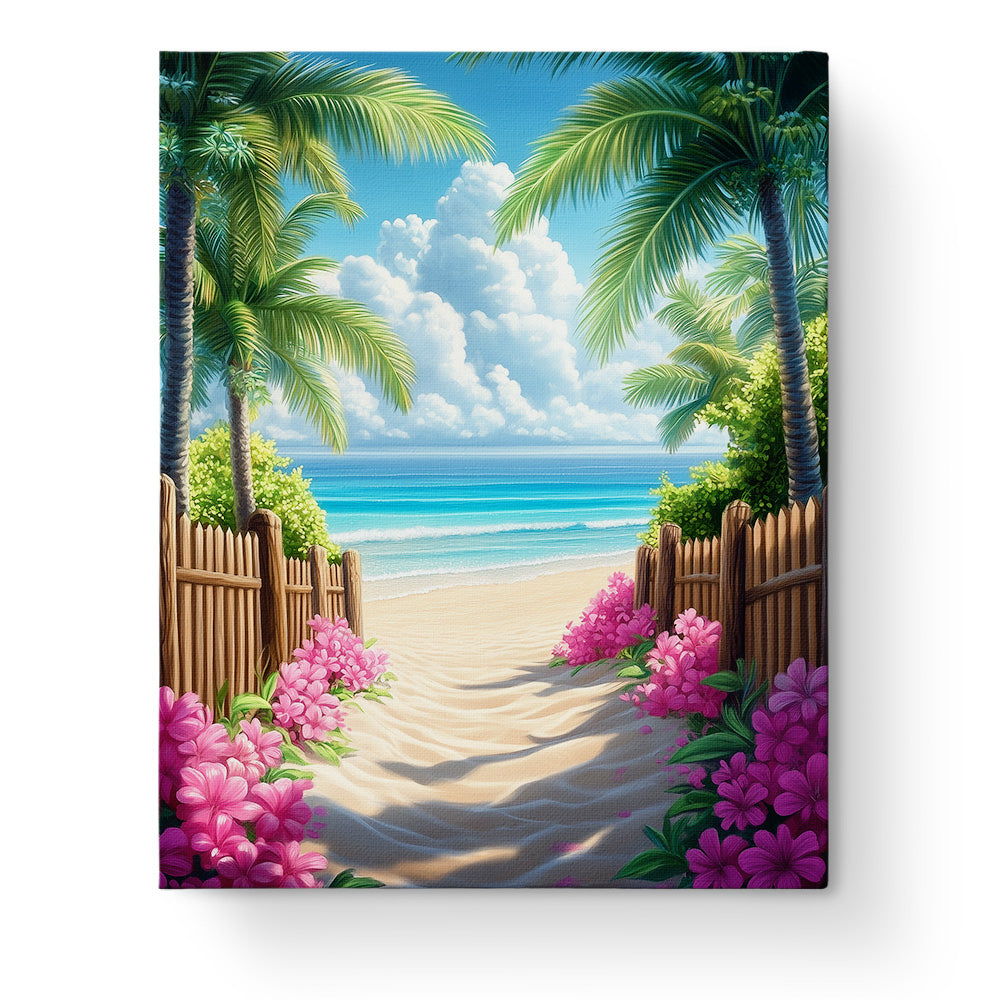 Tropical Beach Pathway by miicreative, featuring a serene sandy path lined with pink flowers and palm trees. This calming scene invites mindfulness and focus through painting.