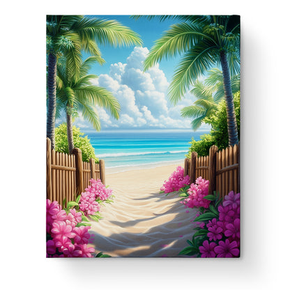 Tropical Beach Pathway by miicreative, featuring a serene sandy path lined with pink flowers and palm trees. This calming scene invites mindfulness and focus through painting.