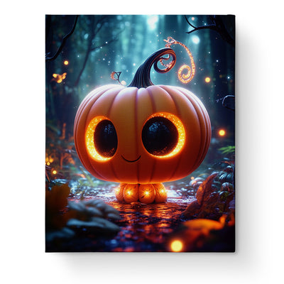 A captivating glowing pumpkin image from miicreative's Glowing Pumpkin Enchantment - Halloween kit, illustrating vibrant orange hues and a mystical forest background, promoting mindfulness and creativity.