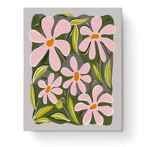 Pink Blooms Serenity - Minimalistic paint by numbers kit from miicreative. Features large pink flowers with green leaves, set against a dark background. Ideal for relaxation and mindfulness through painting.
