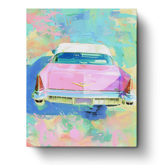 A vibrant paint by numbers kit featuring a retro pink car on a colorful abstract background by miicreative. This Retro Car Dreamscape kit inspires creativity and mindfulness through its vivid hues and nostalgic subject.