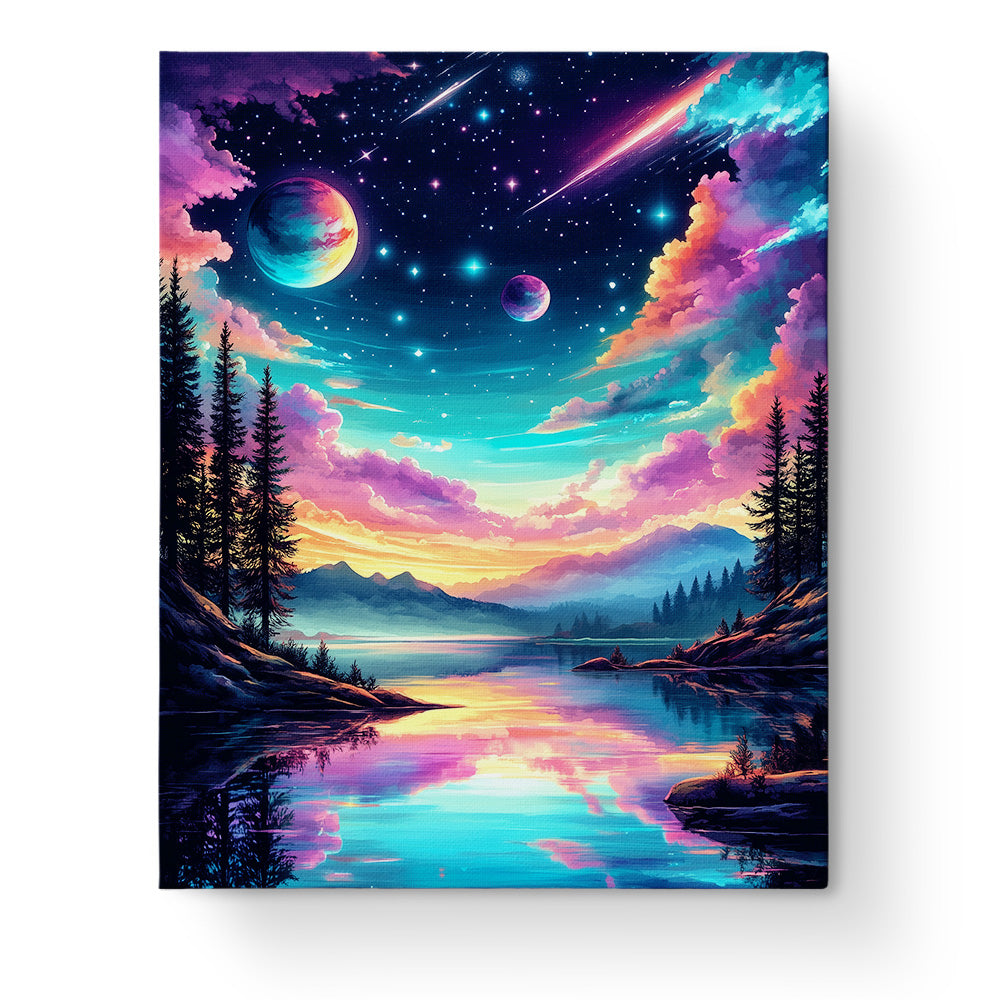 Galactic Serenity painting by miicreative depicting a tranquil cosmic lake scene with vibrant planets and stars, perfect for mindfulness.