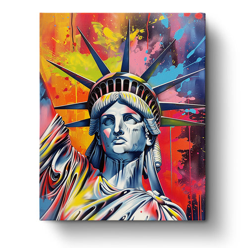 Vibrant Liberty paint by numbers kit by miicreative. Showcases a colorful depiction of the Statue of Liberty with bold reds, blues, and yellows, highlighting creativity and mindfulness.