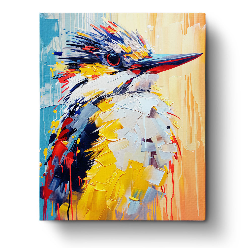 Vibrant kingfisher with bright blue, yellow, and red strokes in the Colorful Kingfisher Portrait by miicreative. This abstract animals paint by numbers kit inspires mindfulness and creativity.