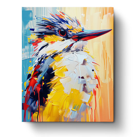 Vibrant kingfisher with bright blue, yellow, and red strokes in the Colorful Kingfisher Portrait by miicreative. This abstract animals paint by numbers kit inspires mindfulness and creativity.