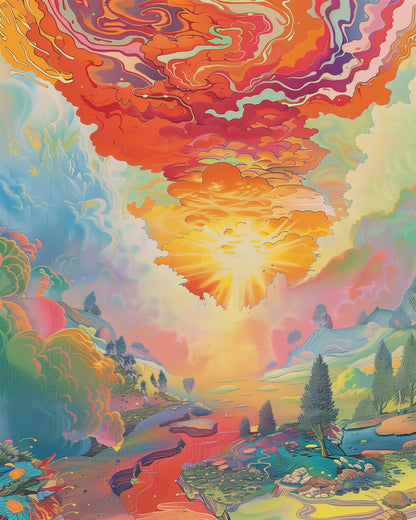 Dreamscape Sunrise features a vibrant sunrise with swirling clouds in hues of orange, pink, and blue over a serene landscape, presented by miicreative. This kit promotes mindfulness and creativity.