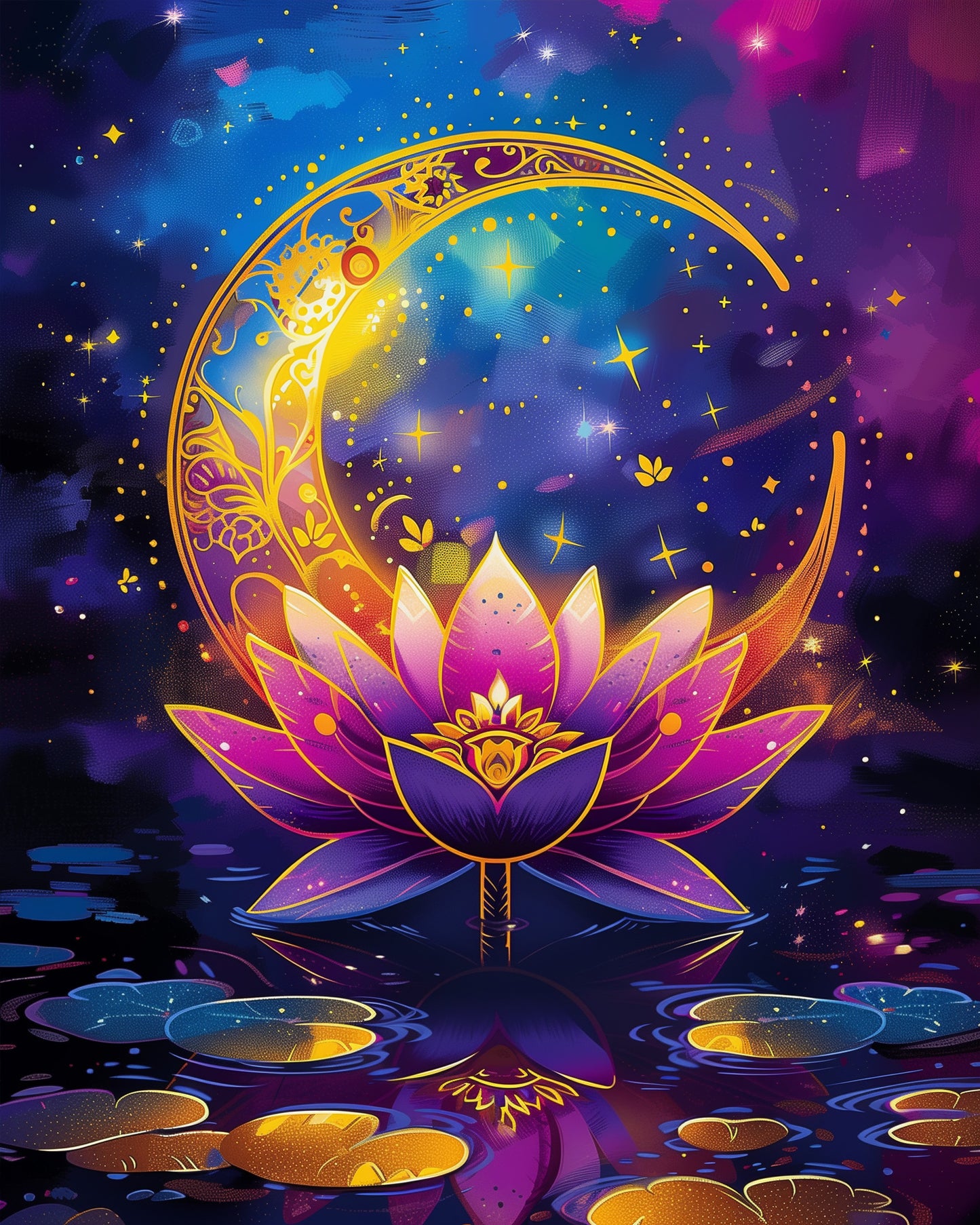Lotus Moon Serenity - Meditation by miicreative. A vibrant depiction of a lotus flower beneath a decorative crescent moon with purple, gold, and blue hues enhancing the meditative and creative aspect of this paint by numbers kit.