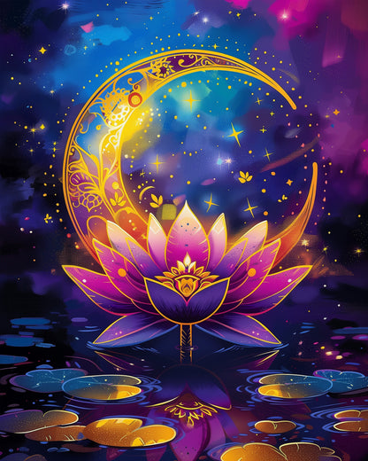 Lotus Moon Serenity - Meditation by miicreative. A vibrant depiction of a lotus flower beneath a decorative crescent moon with purple, gold, and blue hues enhancing the meditative and creative aspect of this paint by numbers kit.