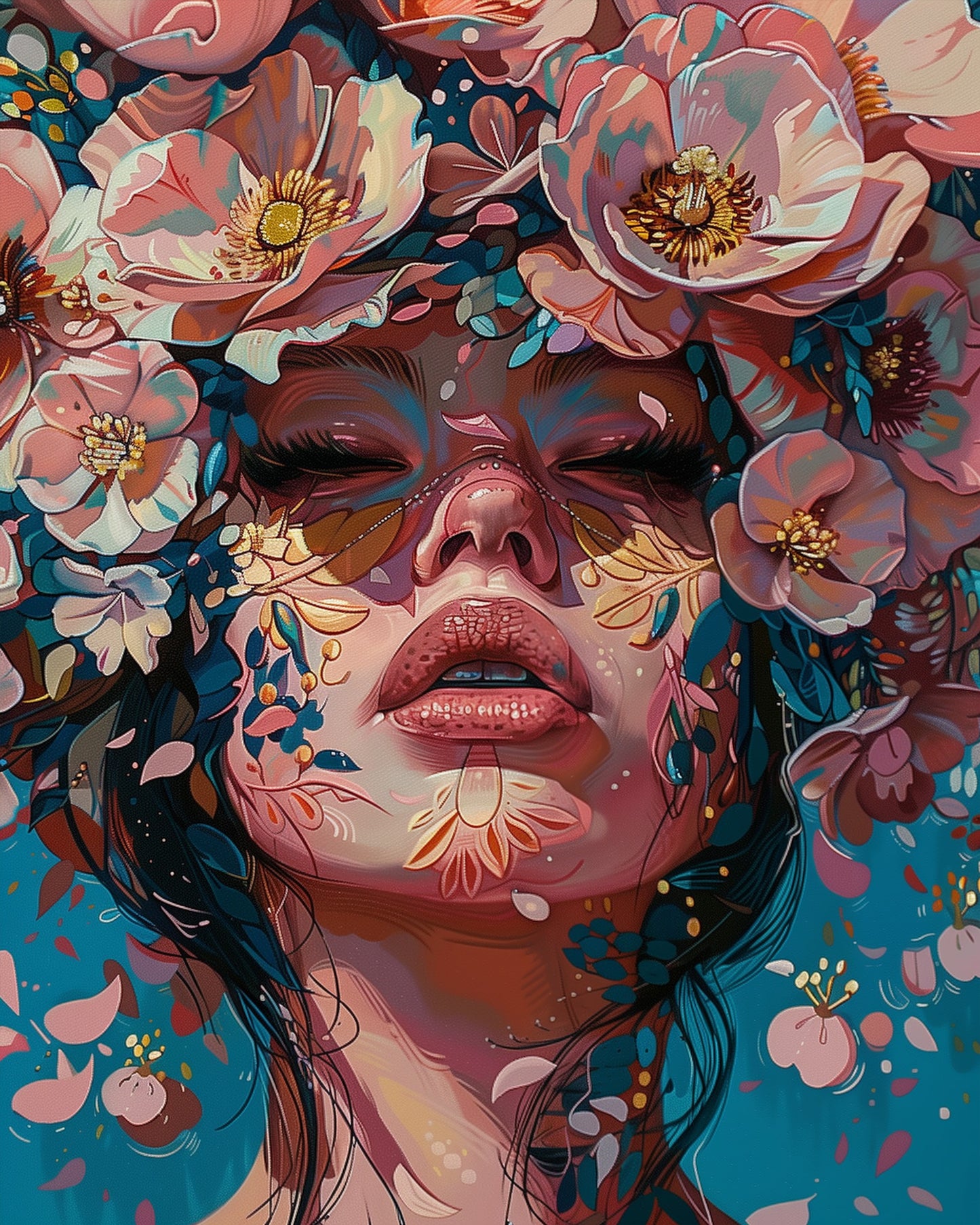 Artistic expression with Blossom Serenity paint kit by miicreative. A vivid floral portrait evoking relaxation and creativity, perfect for a stress-relieving activity.