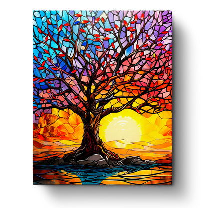 A vibrant stained glass style painting of a tree against a colorful sunset with a glowing sun behind. The image highlights the product 'Vibrant Sunset Tree - Meditation' by miicreative, focusing on rich colors and the meditative aspect of painting by numbers.