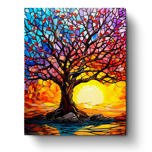 A vibrant stained glass style painting of a tree against a colorful sunset with a glowing sun behind. The image highlights the product 'Vibrant Sunset Tree - Meditation' by miicreative, focusing on rich colors and the meditative aspect of painting by numbers.