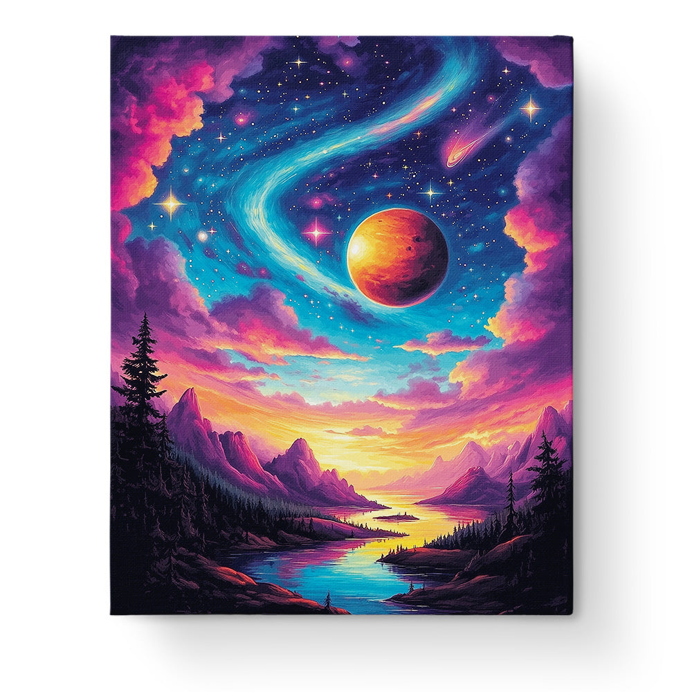 Celestial Serenity by miicreative features a vibrant galaxy scene with a swirling sky and planet, embodying focus and mindfulness through painting.