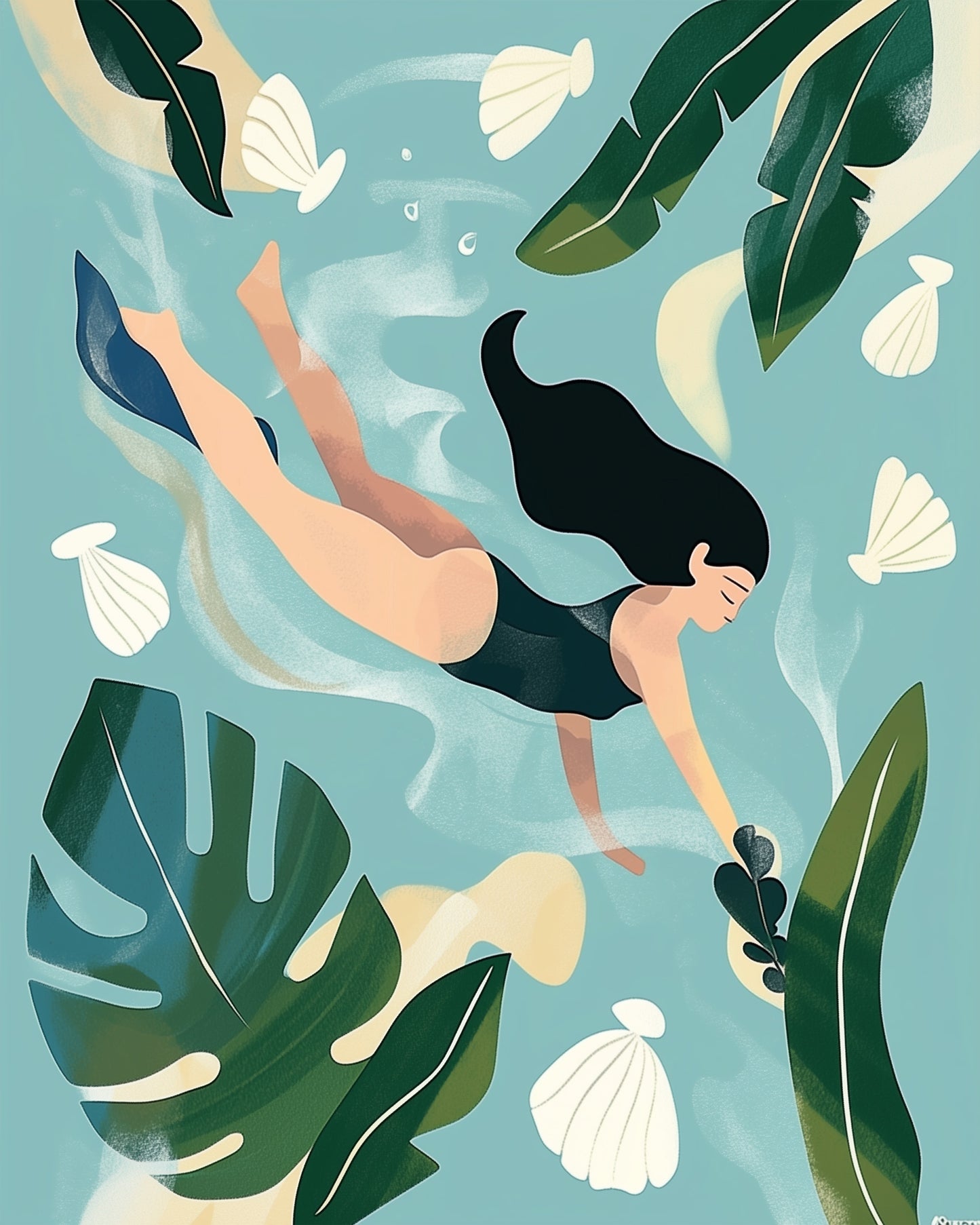 miicreative's Elegant Diver in Nature - Minimalistic. A minimalist depiction of a swimmer surrounded by natural elements, perfect for mindfulness and artistic expression.