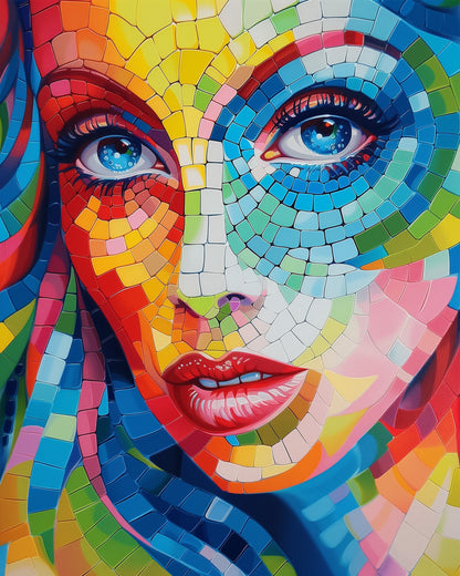 Vibrant mosaic portrait of a woman's face with colorful geometric patterns, titled Colorful Mosaic Portrait - Bohemian Vibes by miicreative. Perfect for mindfulness and creativity.