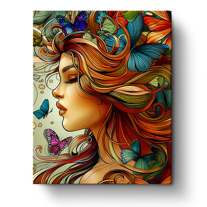 A captivating paint by numbers kit from miicreative's Bohemian Vibes collection, featuring a woman's profile with flowing hair intertwined with vivid butterflies, evoking creativity and mindfulness.