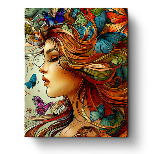 A captivating paint by numbers kit from miicreative's Bohemian Vibes collection, featuring a woman's profile with flowing hair intertwined with vivid butterflies, evoking creativity and mindfulness.