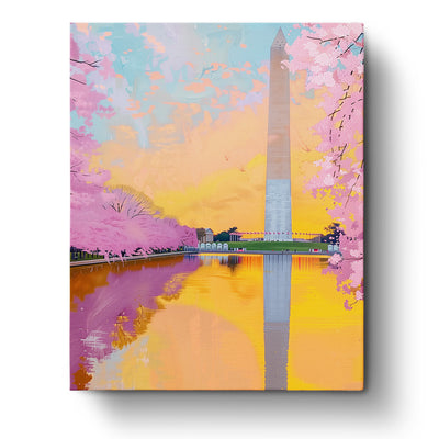 A serene sunset over Washington Monument with cherry blossoms, in vibrant pinks and oranges. This miicreative kit promotes mindfulness and creativity through paint by numbers.