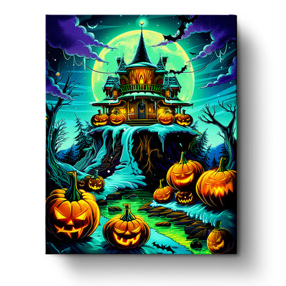Illustration of a spooky haunted house with glowing jack-o'-lanterns and a full moon by miicreative. Captures vibrant Halloween colors and offers a meditative painting experience.