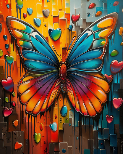 Vivid Butterfly Dreams - Meditation by miicreative features a vibrant butterfly with colorful wings amidst a background of floating hearts, symbolizing mindfulness and creativity.
