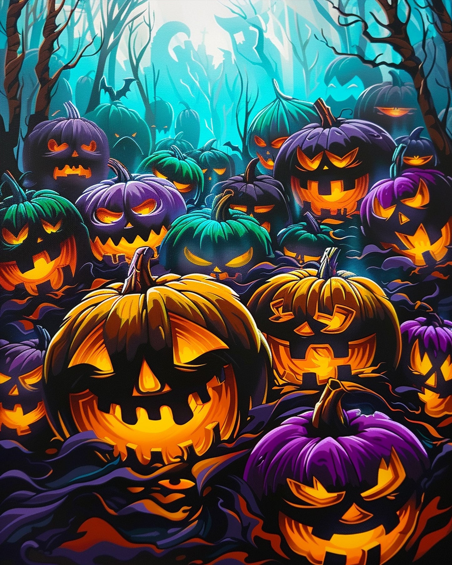 A vibrant image of Enchanted Jack-O'-Lanterns against a mystic forest background, featuring glowing pumpkins in orange, purple, and teal hues. Paint by numbers art kit by miicreative, promoting mindfulness and creativity.