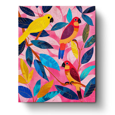 Vibrant Parrots in bold yellow and red tones on a pink background, surrounded by blue and green leaves, part of the Abstract Animals collection by miicreative. Perfect for mindfulness and creativity.